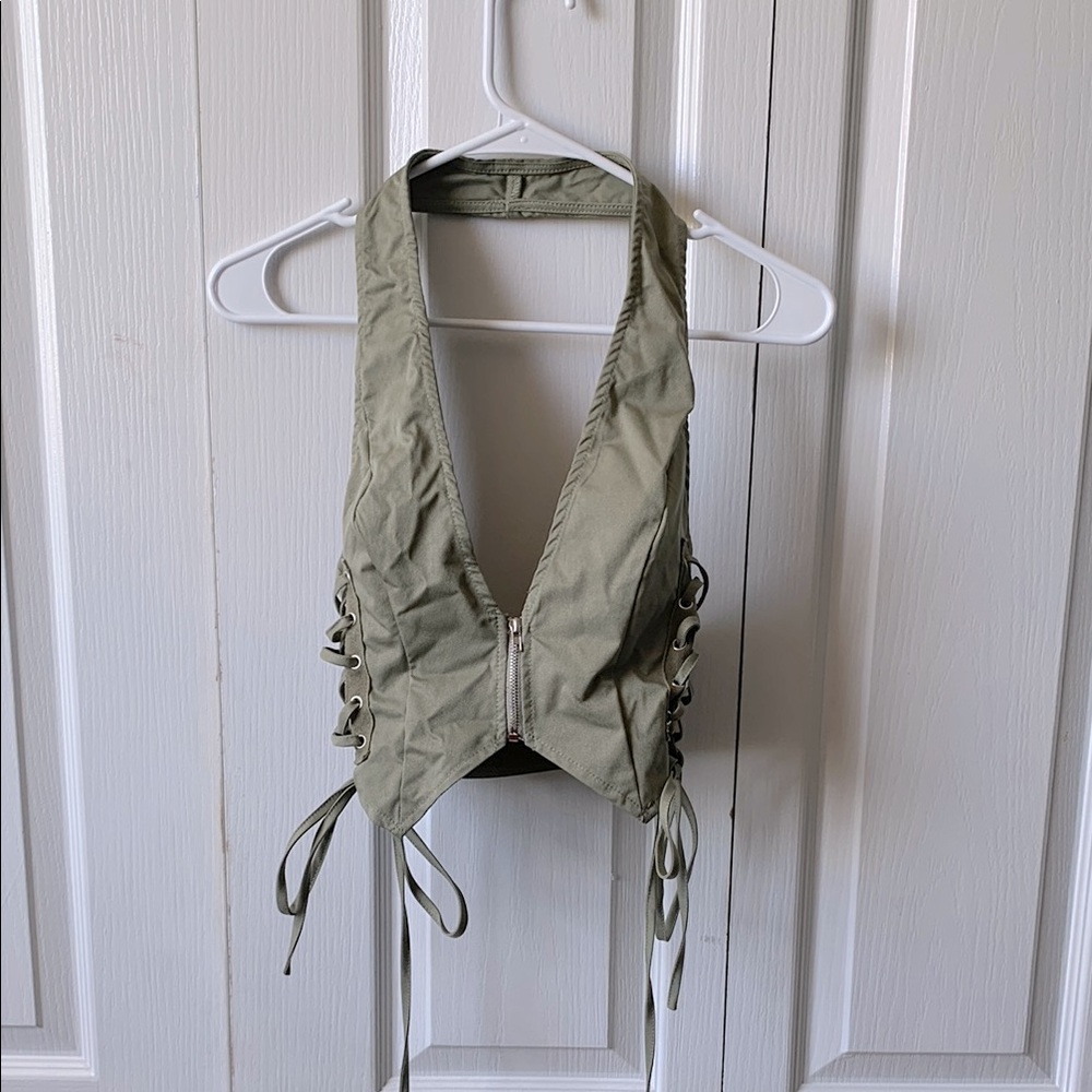 Light Khaki Cargo Lace Up Side Zip Up Crop Top